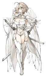 1girl absurdres ahoge boots breasts brown_choker brown_hair cape choker cleavage commentary_request cross cross_choker cross_hair_ornament full_body garter_straps hair_between_eyes hair_ornament highres holding holding_behind_back holding_sword holding_sword_behind_back holding_weapon holding_weapon_behind_back inverted_cross katana large_breasts looking_to_the_side navel original sasami_(ki) short_hair simple_background solo sword thigh_boots thigh_gap weapon white_background white_boots white_cape