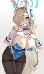 1girl animal_ears asuna_(blue_archive) asuna_(bunny)_(blue_archive) asymmetrical_bangs bare_shoulders bent_over blonde_hair blue_archive blue_bow blue_bowtie blue_eyes blue_halo blue_leotard bow bowtie breasts brown_pantyhose cleavage collarbone commentary_request covered_navel cowboy_shot detached_collar elbow_gloves fake_animal_ears gloves grin hair_over_one_eye hair_ribbon halo head_tilt heart heart_hands highleg highleg_leotard highres kaneki_yushi large_breasts leotard light_blush long_hair looking_at_viewer official_alternate_costume pantyhose playboy_bunny rabbit_ears revision ribbon sideboob simple_background smile solo strapless strapless_leotard teeth thighband_pantyhose traditional_bowtie very_long_hair white_gloves