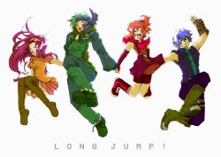 2boys 2girls ^_^ aine_(hoshi_wo_miru_hito) arm_belt asymmetrical_hair bare_shoulders belt belt_buckle black_boots blue_eyes blue_hair blue_headband blue_jacket blue_pants blush blush_stickers boots brown_arm_warmers brown_belt buckle clenched_teeth closed_eyes covering_privates detached_hood dress eri_muuton eyelashes floating_clothes floating_hair flustered full_body green_boots green_hair green_headband green_jacket green_pants hair_between_eyes hair_bobbles hair_ornament hairband happy headband holding_hands hood hood_up hooded_jacket hoshi_wo_miru_hito jacket long_hair long_sleeves looking_ahead minami_(hoshi_wo_miru_hito) miniskirt misa_(hoshi_wo_miru_hito) multiple_belts multiple_boys multiple_girls one_side_up open_mouth orange_hair orange_shirt orange_skirt pants pink_arm_warmers pink_boots pink_hair pink_hood pink_shorts pink_skirt pleated_skirt puffy_short_sleeves puffy_sleeves purple_eyes red_dress shiba_(hoshi_wo_miru_hito) shirt shoe_belt short_dress short_sleeves shorts shorts_under_dress showgirl_skirt simple_background skirt sleeveless sleeveless_dress sleeves_past_wrists smile sweatdrop tareme teeth thigh_boots turtleneck turtleneck_jacket two-tone_shirt very_long_hair white_background wide-eyed yellow_hairband yellow_shirt zipper zipper_pull_tab