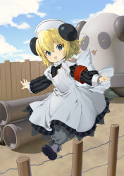 1girl :d absurdres animal_ears apron armband back_bow black_dress black_footwear blonde_hair bloomers blue_eyes bow commentary_request di_gi_charat dress full_body grey_bloomers grey_pantyhose hair_between_eyes hat highres long_sleeves medium_hair nurse_cap open_mouth outstretched_arms panda_ears pantyhose piyoko puffy_long_sleeves puffy_sleeves red_armband smile solo spread_arms striped_clothes striped_dress tanakalma underwear white_apron white_bow white_hat