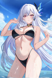 1girl bare_shoulders bikini black_bikini blue_sky blush breasts choker cleavage earrings genshin_impact hair_ornament harimoji highleg highleg_bikini highres jewelry large_breasts long_hair looking_at_viewer navel red_eyes revision skirk_(genshin_impact) sky solo swimsuit thighs white_hair