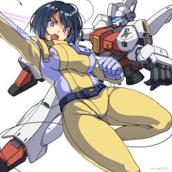 1girl alternate_universe artist_name assault_visor black_hair blue_eyes blue_visor blush_stickers bodysuit breasts bright_pupils commentary_request energy_sword gundam gundam_gquuuuuux highres jegan large_breasts looking_at_viewer mecha mecha_pilot_suit mobile_suit normal_suit_(gundam) okutama_tarou open_mouth radio_antenna robot science_fiction shiiko_sugai short_hair simple_background skin_tight spacesuit sword thrusters twitter_username v-shaped_eyebrows weapon white_background white_pupils wire yellow_bodysuit