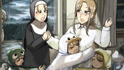 6+girls :o bird blonde_hair blue_eyes brown_hair chicken closed_eyes cloud cloudy_sky clumsy_nun_(diva) commentary diva_(hyxpk) duck english_commentary froggy_nun_(diva) green_raincoat grey_hair hedge highres hug little_nuns_(diva) long_hair multiple_girls nun peeking_out rain raincoat shirt sky smile smug_nun_(diva) spicy_nun_(diva) strict_nun&#039;s_mother_(diva) strict_nun_(diva) traditional_nun triangle_mouth white_raincoat white_shirt yellow_raincoat