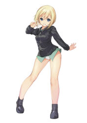 1girl absurdres bad_source black_boots black_jacket blonde_hair blue_eyes boots commentary_request contrapposto cowboy_shot erica_hartmann full_body green_shirt grin highres jacket looking_at_viewer military_uniform no_pants panties shirt short_hair simple_background smile solo strike_witches underwear v white_background white_panties world_witches_series yashin_(yasinz)