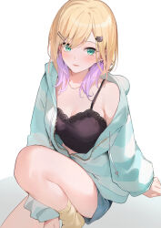 Rule 34 | 1girl, aqua eyes, aqua jacket, bare shoulders, black shirt, blonde hair, blue shorts, breasts, crop top, drawstring, hair ornament, hairclip, highres, isaya (pixiv4541633), jacket, knee up, kurumi noah, lace trim, large breasts, long hair, long sleeves, looking at viewer, midriff peek, multicolored hair, off shoulder, open clothes, open jacket, open mouth, purple hair, shirt, shorts, simple background, sitting, sleeveless, sleeveless shirt, smile, socks, solo, spaghetti strap, thighs, two-tone hair, virtual youtuber, vspo!, white background, yellow socks
