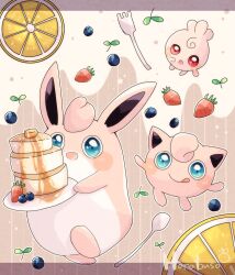 :d :o animal_focus blue_eyes blueberry butter colored_skin commentary_request creatures_(company) evolutionary_line food fork fruit game_freak gen_1_pokemon gen_2_pokemon hanabusaoekaki highres holding holding_plate igglybuff jigglypuff letterboxed maple_syrup nintendo no_humans open_mouth orange_(fruit) orange_slice pancake pink_background pink_skin plate pokemon pokemon_(creature) red_eyes smile souffle_pancake spoon strawberry striped_background tongue tongue_out wigglytuff