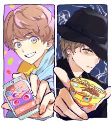 Rule 34 | 2boys, black hat, blonde hair, blue eyes, border, brown hair, earrings, gochizo, hat, highres, holding, inoue shouma, jewelry, kamen rider, kamen rider gavv (series), lakia amarga, multicolored eyes, multiple boys, oresanjyo, popping gummy, purple eyes, simple background, smile, tokusatsu, white border, yellow eyes