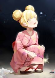 blonde_hair blush double_bun fang fireworks geta hair_bun highres holding holding_fireworks japanese_clothes kimono looking_up monogatari_(series) night open_mouth oshin0_(zheng) oshino_shinobu petite pink_kimono pointy_ears sandals sitting sparkler toes yellow_eyes