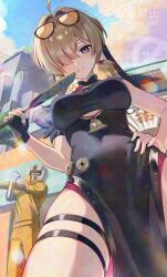 1girl adversarial_noise ahoge black_dress black_gloves breasts brown_hair china_dress chinese_clothes clothing_cutout cloud commentary_request covered_navel day dress eyewear_on_head fingerless_gloves gloves hair_intakes hair_over_one_eye hand_fan hand_on_own_hip highres holding holding_fan jacket looking_at_viewer looking_down medium_breasts narahazime outdoors pants pelvic_curtain purple_eyes robot single_glove sky sleeveless sleeveless_dress smile solo_focus stretching sweety_(zenless_zone_zero) thigh_strap tinted_eyewear track_jacket track_pants tuanshan watermark yellow-tinted_eyewear yellow_jacket yellow_pants zenless_zone_zero