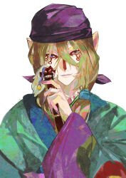 1boy absurdres bandana blonde_hair facepaint fui_(fui29493452) hair_tie highres japanese_clothes kimono kusuriuri_(mononoke) long_hair looking_at_viewer male_focus mononoke pointy_ears purple_eyes simple_background solo upper_body white_background