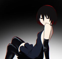 1girl arm_behind_back arm_support backless_dress backless_outfit backlighting bare_shoulders black_background black_dress black_eyes black_gloves black_hair black_thighhighs bob_cut breasts closed_mouth colored_inner_hair crossed_legs dress elbow_gloves empty_eyes from_side gloves gradient_background grey_background hair_between_eyes halter_dress halterneck highres leaning_back light_smile looking_at_viewer monogatari_(series) multicolored_hair narrowed_eyes naughty_face oshino_ougi pale_skin red_hair short_dress short_hair sitting small_breasts smile solo thighhighs veko_draw_friendo white_background zettai_ryouiki