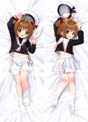 1girl brown_hair cardcaptor_sakura comodox dakimakura_(medium) green_eyes hair_bobbles hair_ornament hat highres kinomoto_sakura lying multiple_views open_mouth sample_watermark school_uniform skirt socks tomoeda_elementary_school_uniform unworn_headwear watermark white_skirt