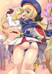 1boy 1girl artoria_caster_(fate) artoria_caster_(second_ascension)_(fate) artoria_pendragon_(fate) ass bare_legs blue_capelet blue_hat blue_panties blush bright_pupils butt_crack capelet clothes_lift dress dress_lift fate/grand_order fate_(series) flustered from_behind gloves green_eyes hat highres holding holding_staff long_hair long_sleeves looking_back open_mouth panties pleated_dress pov pov_hands shimouki_izui side-tie_panties skirt skirt_flip staff staff_of_selection_(fate) sword trefoil underwear w_arms weapon wedgie white_dress white_pupils