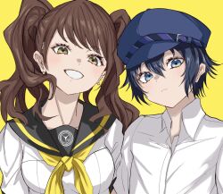 2girls androgynous black_sailor_collar blue_eyes blue_hair blue_hat blush brown_eyes brown_hair collared_shirt commentary_request grin hair_between_eyes hat height_difference highres kujikawa_rise long_hair multiple_girls neckerchief newsboy_cap persona persona_4 s-m-53413 sailor_collar school_uniform shirogane_naoto shirt short_hair short_sleeves simple_background smile twintails white_shirt yasogami_school_uniform yellow_background yellow_neckerchief