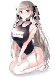 Rule 34 | 1girl, azur lane, bare arms, bare shoulders, black choker, black one-piece swimsuit, black ribbon, blunt bangs, blush, bow, breasts, choker, closed mouth, collarbone, female focus, formidable (azur lane), frown, full body, grey hair, groin, hair bow, hands on own thighs, highres, kneeling, large breasts, long hair, looking at viewer, name tag, nephthys2356, one-piece swimsuit, red eyes, ribbon, school swimsuit, shadow, simple background, solo, swimsuit, thighhighs, thighs, tiptoes, twintails, two-tone ribbon, very long hair, wet, white background, white ribbon, white thighhighs