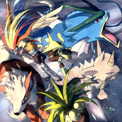 1boy alakazam animal_on_arm arcanine bird bird_on_arm black_footwear black_jacket blue_oak brown_eyes brown_hair commentary creatures_(company) exeggutor floor game_freak gen_1_pokemon grin gyarados hood hooded_jacket jacket khakis light_particles light_rays long_sleeves male_focus nintendo outstretched_arm perspective pidgeot pippi_(pixiv_1922055) pokemon pokemon_(creature) rhydon shoes smile spiked_hair