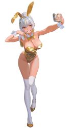 Rule 34 | 1girl, :d, animal ear hairband, animal ears, armpit crease, armpits, bare legs, blonde hair, bone hair ornament, breasts, cleavage, colored inner hair, commentary, cowboy shot, detached collar, earclip, english commentary, fake animal ears, gold bowtie, gold leotard, gold shoes, grin, groin, hair intakes, hair ornament, hairband, high ponytail, highres, hip bones, hip dips, holding, holding phone, hongcasso, large breasts, leotard, long hair, looking at viewer, luvdia, multicolored hair, open mouth, park dona, phone, playboy bunny, ponytail, rabbit ear hairband, rabbit ears, selfie, shoes, skull hair ornament, smile, solo, strapless, strapless leotard, streaked hair, teeth, thigh gap, thighhighs, v, virtual youtuber, white hair, white thighhighs, white wrist cuffs, wrist cuffs, yellow eyes