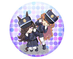 2girls absurdres animal_ears black_hat black_jacket black_shoes black_shorts black_skirt blue_archive blue_ribbon buttons chibi chibi_only conductor cosplay crime_prevention_buzzer double-breasted ears_through_headwear fang flipped_hair gloves hat hat_ribbon head_tilt highres hikari_(blue_archive) hikari_(blue_archive)_(cosplay) horse_ears horse_girl horse_tail hoshitani_mio iwami_manaka jacket kepi long_hair long_sleeves mayano_top_gun_(umamusume) military_hat multiple_girls nozomi_(blue_archive) nozomi_(blue_archive)_(cosplay) orange_eyes orange_hair pantyhose pleated_skirt pocotas pose_imitation purple_eyes ribbon rice_shower_(umamusume) school_emblem shoes shorts skin_fang skirt sparkle striped_ribbon swept_bangs tail triangle_mouth two-tone_ribbon two_side_up umamusume underwear voice_actor_connection white_gloves white_pantyhose white_ribbon