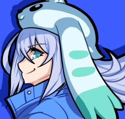 Rule 34 | 1girl, 1other, blue eyes, coat, commentary, commission, copyright request, crossed bangs, digimon, double-parted bangs, eiyuu densetsu, english commentary, hair between eyes, high collar, i llius, kuro no kiseki, kuro no kiseki (series), kuro no kiseki ii, long hair, looking at viewer, profile picture, second-party source, shizuna rem misurugi, simple background, smile, solo, terriermon, white background, white hair