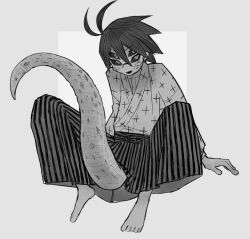 Rule 34 | 1boy, :d, @ @, alternate species, between legs, black hair, black sclera, colored sclera, commentary request, extra eyes, full body, grey background, greyscale, hair between eyes, hakama, itoshiki nozomu, japanese clothes, kemonomimi mode, kimono, lizard tail, looking at viewer, magusagari, male focus, monochrome, open mouth, reptile boy, sayonara zetsubou sensei, scales, shosei, simple background, sitting, smile, tail, tail between legs