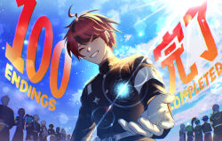 6+boys 6+girls ahoge amemiya_darumi aotsuki_eito armband arms_behind_back belt black_hair black_streaks blonde_hair blue_hair blue_sky braid cloud cloudy_sky english_text eyeshadow gakuran ginzaki_shouma gloves grey_hair hexagon highres hole_in_chest hole_on_body kawana_tsubasa kirifuji_nozomi last_defense_academy_school_uniform lens_flare magadori_kyoshika makeup male_focus maruko_gaku masked mihen mojiro_moko multicolored_hair multiple_boys multiple_girls omokage_yugamu oosuzuki_kurara outstretched_arm outstretched_hand pink_hair ponytail purple_hair red_eyeshadow red_hair school_uniform shizuhara_hiruko short_hair sky smile streaked_hair sumino_takumi sun the_hundred_line_-last_defense_academy- tomato tsukumo_ima tsukumo_kako twintails white_armband white_gloves white_hair yakushiji_takemaru