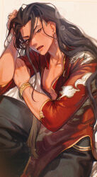 1boy absurdres bracelet brown_hair cloud_print commentary drunk earrings english_commentary gootai highres jamie_siu jewelry long_hair nipple_slip nipples solo street_fighter street_fighter_6 stud_earrings