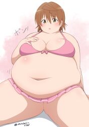 1girl absurdres belly bikini bikini_skirt blush bow breasts brown_eyes brown_hair cleavage fat fat_woman genderswap genderswap_(mtf) gluteal_fold hand_on_own_chest highres large_breasts masakin navel obese open_mouth pink_bikini pink_bow short_hair sitting solo swimsuit thick_thighs thighs to_love-ru wariza white_background yuuki_rito yuusaki_riko