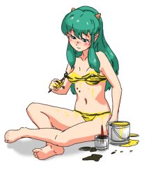 1girl animal_print art_brush artistic_error bad_anatomy bad_feet barefoot bodypaint breasts false_clothes feet female_focus green_eyes green_hair horns kiriririn long_hair lum matching_hair/eyes naked_paint navel nipples non-web_source nude paint_can paintbrush painted_clothes painting_(action) sidelocks sitting small_breasts soles solo tiger_print toes urusei_yatsura wrong_foot