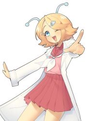 Rule 34 | 1girl, antennae, black outline, blonde hair, blue eyes, clone clone (vocaloid), coat, commentary, english commentary, fang, hair ornament, hairclip, index finger raised, kagamine rin, light blush, neckerchief, one eye closed, open clothes, open coat, open mouth, outline, pink sailor collar, pink shirt, pink skirt, pleated skirt, pointing, pointing at viewer, sailor collar, shirt, short hair, simple background, skirt, smile, treebarkagain, ufo hair ornament, vocaloid, white background, white coat, white neckerchief