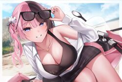 1girl absurdres black_nails black_skirt black_tank_top blue_eyes breasts brown_hair cleavage collarbone ear_piercing grin highres jewelry large_breasts motor_vehicle motorcycle multicolored_hair nail_polish necklace piercing pink_hair shirt simoxia single_bare_shoulder skirt smile solo split-color_hair sunglasses tachibana_hinano tank_top twintails two-tone_hair virtual_youtuber vspo! white_shirt