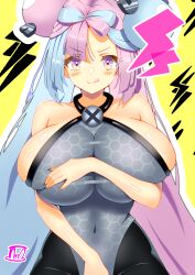 1girl absurdres alternate_breast_size breasts creatures_(company) game_freak hexagon_print highres huge_breasts iono_(pokemon) multicolored_hair nintendo pink_eyes pink_hair pokemon pokemon_sv solo split-color_hair tama_amata x