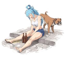 animal_penis aqua_(konosuba) artist_name bare_shoulders barefoot blue_hair blue_shorts bottle breasts collarbone commentary dog dog_penis drunk golden_shower high_ponytail jk_arts kono_subarashii_sekai_ni_shukufuku_wo! large_breasts legs long_hair midriff mixed-language_commentary peeing penis ponytail saliva short_shorts shorts sidelocks sidewalk signature sitting sleeping tank_top thick_thighs thighs twitter_username watermark