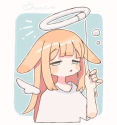 1girl angel angel_wings animal_ears blue_eyes blush_stickers commentary_request cropped_torso detached_wings half-closed_eyes halo long_hair looking_at_viewer mini_wings open_mouth orange_hair original rabbit_ears rabbit_girl shirt short_sleeves solo sorata123 t-shirt wings