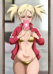 1girl bikini bleach blonde_hair blurry blurry_background blush breasts brown_eyes cellphone commentary english_commentary freckles gluteal_fold gold_bikini hair_between_eyes hair_ornament hairclip highres holding holding_phone indoors jacket looking_at_viewer mirror_selfie mistowing navel open_clothes open_jacket phone red_jacket sarugaki_hiyori selfie short_hair short_twintails small_breasts smartphone solo stomach swimsuit thigh_gap track_jacket twintails twitter_username