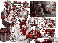 1boy :d apron biting blood blood_on_face bowl chibi chibi_inset coat colored_skin crying eyeball faucet flesh food gloves guro head_biting heart highres holding holding_plate indoors kitchen male_focus meat microwave open_mouth original plate red_eyes red_gloves refrigerator smile stab tears teeth upper_teeth_only white_apron white_background white_coat white_eyes white_hair white_skin wuwuren