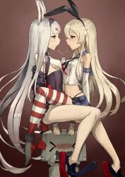 &gt;_&lt; 2girls after_kiss animal_ears arm_behind_back assisted_masturbation azur_lane belly-to-belly black_dress black_jacket black_panties blue_skirt blush bow breasts brown_eyes brown_hair crop_top crossover dress elbow_gloves eye_contact face-to-face from_side gloves grey_hair hair_bow hairband haraya_manawari highleg highleg_panties highres historical_name_connection holding_hands implied_object_insertion jacket kantai_collection legs long_hair looking_at_another midriff miniskirt multiple_girls name_connection off_shoulder open_mouth panties pantyhose photoshop_(medium) rabbit_ears red_eyes rensouhou-chan ribbon saliva saliva_trail shimakaze_(azur_lane) shimakaze_(kancolle) shirt shoes short_dress sideboob sitting skirt sleeveless sleeveless_shirt small_breasts stilts striped_clothes striped_thighhighs thighhighs tongue tongue_out underwear very_long_hair white_gloves white_hair white_pantyhose white_shirt yuri