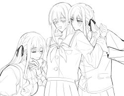 3girls bang_dream! bang_dream!_it&#039;s_mygo!!!!! blush closed_mouth commentary dual_persona girl_sandwich greyscale hair_ribbon haneoka_school_uniform hashtag-only_commentary highres holding_another&#039;s_wrist holding_hands long_hair long_sleeves mdjhn monochrome multiple_girls oblivionis_(bang_dream!) parted_lips pleated_skirt ribbon sandwiched school_uniform skirt smile sweat togawa_sakiko tsukinomori_school_uniform very_long_hair wakaba_mutsumi yuri