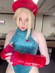 Rule 34 | 1girl, animated, blonde hair, blue eyes, braid, breasts, cammy white, cammy white (cosplay), cosplay, hat, large breasts, leotard, long hair, looking at viewer, real life, street fighter, stretching, tagme, video, yuriko tiger