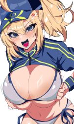 1girl ahoge anger_vein artoria_pendragon_(fate) baseball_cap bikini blonde_hair blue_eyes blue_hat blue_shrug blush breasts breasts_squeezed_together cleavage fate/grand_order fate_(series) hat highres large_breasts long_hair long_sleeves looking_at_viewer mysterious_heroine_xx_(fate) navel open_mouth ponytail puti_tomato19 shrug_(clothing) sidelocks solo swimsuit white_bikini wristband