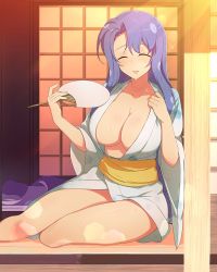 1girl bare_legs breasts cleavage closed_eyes fan futon highres japanese_clothes kimono knees large_breasts legs legs_together long_hair miniskirt nachi_(senran_kagura) open_mouth open_yukata purple_hair senran_kagura sitting skirt solo sweat nervous_sweating thick_thighs thighs underboob yukata