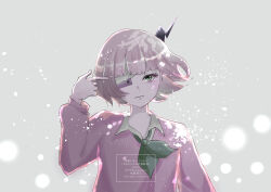 Rule 34 | 1girl, absurdres, awanagiee, bandaged head, bandages, black horns, blonde hair, blunt bangs, cellphone, collared shirt, crying, crying with eyes open, eyepatch, finger gun, finger gun to head, green eyes, green neckerchief, highres, horns, long sleeves, neckerchief, phone, phone eyepatch, pink sweater, puffy sleeves, ruru (shinsei kamattechan), sad, shinsei kamattechan, shirt, short hair, single horn, streaming tears, sweater, tears, white shirt