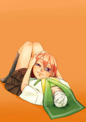 1girl bandages black_socks breasts decapitation detachable_head dullahan female_focus flat_chest holding_detached_head kanemaki_thomas kneehighs long_hair looking_back lying monster_girl on_back orange_hair original purple_eyes reclining red_hair school_uniform serafuku severed_head short_hair simple_background skirt small_breasts socks solo uneven_eyes