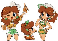 3girls baby_daisy baby_daisy_(touring) blue_eyes blush_stickers brown_hair dolphin_shorts earrings fingerless_gloves flower_earrings gloves green_shorts hat highres jacket jewelry looking_at_viewer mario_(series) mario_kart mario_kart_world mimimi_(mimimim9999) multiple_girls multiple_views navel nintendo official_alternate_costume one_eye_closed open_mouth orange_gloves orange_jacket orange_shorts orange_sports_bra princess_daisy princess_daisy_(swimwear)_(mario_kart_world) princess_daisy_(touring) short_shorts shorts simple_background sports_bra white_background white_hat