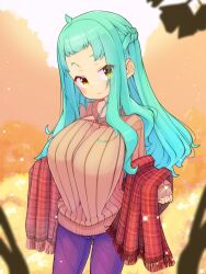 1girl absurdres breasts green_hair highres kosanae_sasaho large_breasts long_sideburns oppai_loli original short_bangs sideburns smaragdus_viridi sweater tsurime yellow_eyes