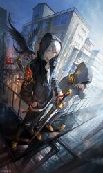 Rule 34 | 2boys, absurdres, bird, black jacket, black pants, black shoes, building, closed mouth, commentary, crow, full body, grey hair, hair between eyes, hand in pocket, highres, holding, holding sword, holding weapon, hood, hood up, hooded jacket, jacket, kkamiiz, long sleeves, looking at viewer, male focus, multiple boys, original, outdoors, pants, partially unzipped, red eyes, sandals, shoes, short hair, standing, sword, weapon, weapon on back, yellow sandals