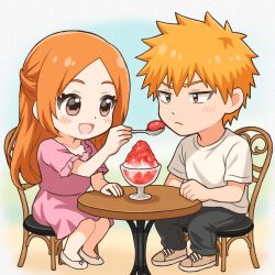 Rule 34 | &gt;:(, 1boy, 1girl, :d, alternate costume, alternate hairstyle, b eaka, black pants, bleach, blush, bow, brown eyes, casual, chair, chibi, chibi only, clenched hand, closed mouth, commentary, couple, dating, dress, feeding, food, footwear bow, frown, full body, gradient background, hair between eyes, half updo, hand up, happy, hetero, holding, holding spoon, inoue orihime, kurosaki ichigo, long hair, no socks, on chair, open mouth, orange hair, pants, parted bangs, pink dress, shaved ice, shirt, shoes, short hair, short sleeves, simple background, sitting, smile, spiked hair, spoon, straight hair, t-shirt, table, tareme, tsurime, v-shaped eyebrows, white shirt, white shoes