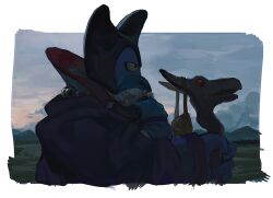 Rule 34 | 2boys, aged down, black horns, blue hat, blue sky, blue tunic, border, carrying, carrying person, colored sclera, colored skin, dawn, dragon lord, dragon quest, dragon quest i, dragon quest monsters: terry&#039;s wonderland, grey sky, hat, hdw91v, highres, holding, holding staff, horns, male focus, monster boy, multiple boys, outdoors, profile, purple robe, purple skin, robe, short hair, sky, sleeping, staff, terry (dq6), tunic, upper body, white border, white hair, yellow bag, yellow sclera