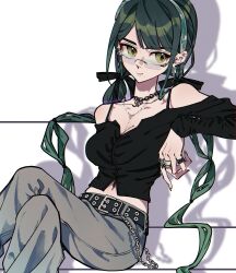 1girl absurdres alternate_costume bare_shoulders belt blue_pants breasts chabashira_tenko cleavage collarbone commentary danganronpa_(series) danganronpa_v3:_killing_harmony denim ear_piercing eyelashes glasses green_eyes green_hair hair_ribbon hairband highres jeans jewelry long_hair long_sleeves looking_at_viewer medium_breasts mole mole_under_mouth multiple_rings navel necklace off-shoulder_shirt off_shoulder pants piercing pink_lips ribbon rimless_eyewear ring shadow shimaya shirt simple_background sitting smile solo twintails very_long_hair