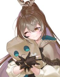 1girl ;) absurdres black_corset black_gloves black_hair brown_cloak brown_eyes brown_hair cloak corset feather_hair_ornament feathers friend_(nanashi_mumei) gloves hair_ornament highres hololive hololive_english hood hooded_cloak hug long_hair matryo8 multicolored_hair nanashi_mumei nanashi_mumei_(1st_costume) one_eye_closed partially_fingerless_gloves ponytail shirt simple_background smile streaked_hair virtual_youtuber white_background white_hair white_shirt