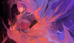 Rule 34 | 1girl, abstract background, bad id, bad twitter id, blunt bangs, bow, bridal gauntlets, closed mouth, fire, from side, genshin impact, hair ornament, head tilt, highres, holding, holding polearm, holding weapon, japanese clothes, kimono, long hair, looking at viewer, looking down, looking to the side, mole, mole under eye, no pupils, official alternate costume, onevwin, polearm, powering up, purple eyes, purple hair, purple kimono, raiden shogun, red sash, sash, solo, standing, thick lips, upper body, weapon